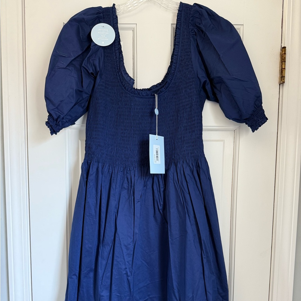 Hill House Navy Blue Midi Dress with Puff Sleeves